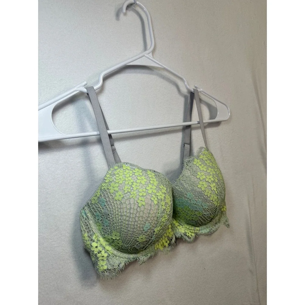 Victorias Secret Dream Angels Lined Demi Bra Grey Lime Green Floral Lace 34D - Picture 2 of 7